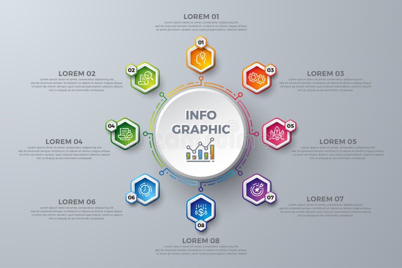 Diseño de Infographic con 8 opciones o pasos de proceso Elementos para su negocio tal como informes, prospectos, folletos del dis