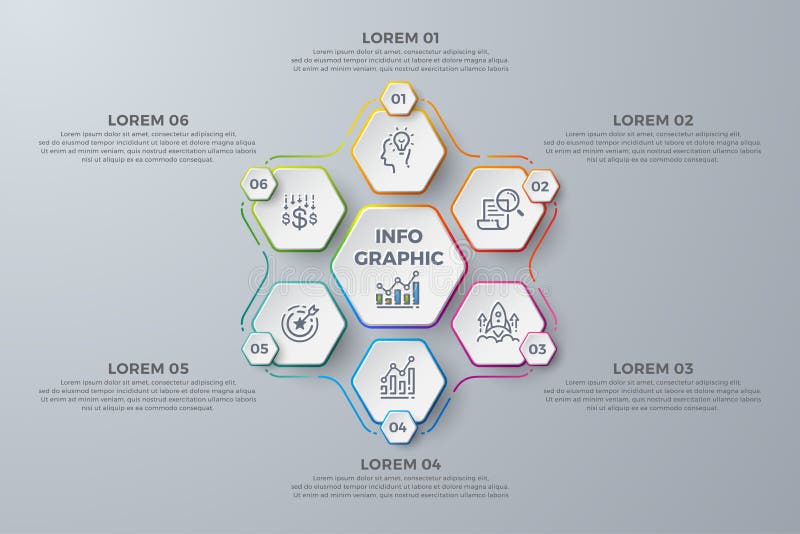 Diseño de Infographic con 6 opciones o pasos de proceso Elementos para su negocio tal como informes, prospectos, folletos del dis