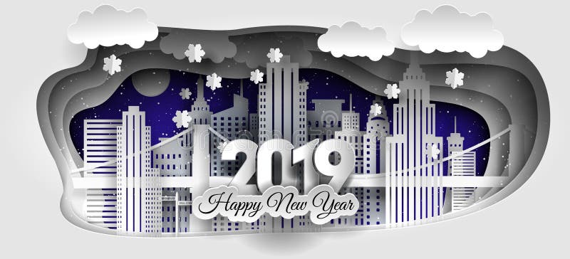 Diseño de la Feliz Navidad feliz creativa y del Año Nuevo 2018/2019 Ciudad del invierno stock de ilustración Diseño de la Feliz Navidad feliz creativa y del Año Nuevo 2018/2019 Ciudad del invierno stock de ilustración