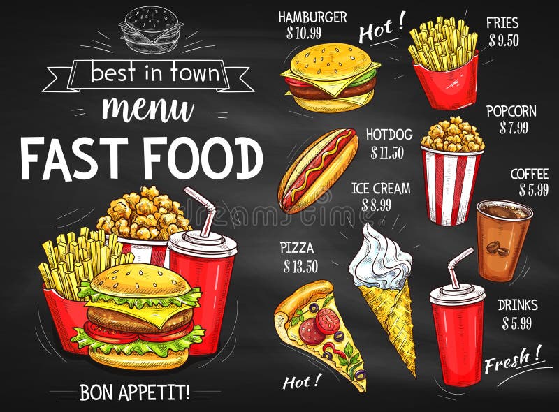 Diseño de la pizarra del menú del restaurante de los alimentos de preparación rápida Diseño de la pizarra del menú del restaurante de los alimentos de preparación rápida