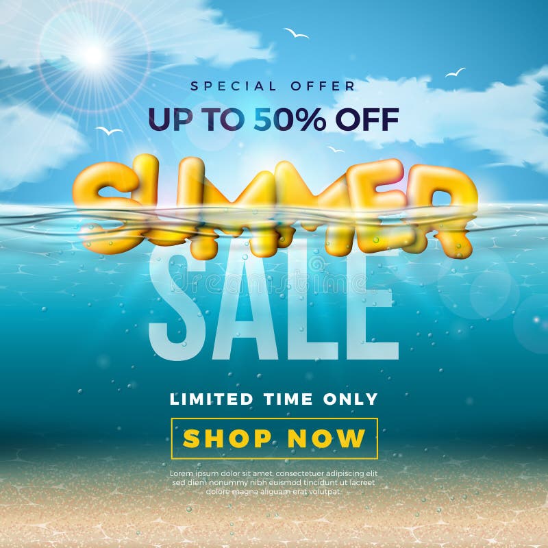 Diseño de la venta del verano con la letra de la tipografía 3d en fondo azul subacuático del océano Ejemplo de la oferta especial
