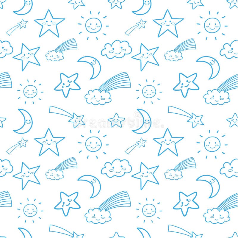 Diseño de niños impecables con estrellas fugaces sonrientes, sol, luna creciente y nubes con arco iris ilustración del vector Diseño de niños impecables con estrellas fugaces sonrientes, sol, luna creciente y nubes con arco iris ilustración del vector