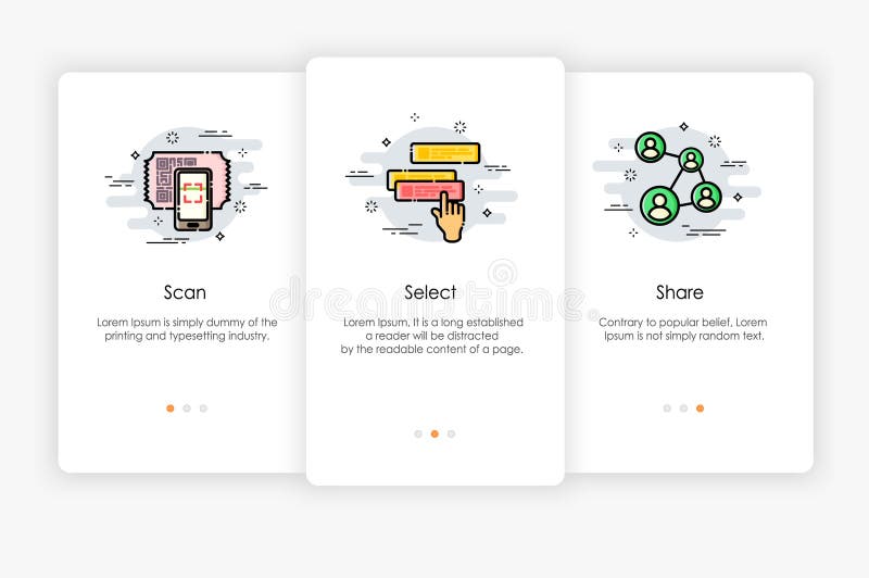 Diseño de pantallas de Onboarding en cómo utilizar concepto del app Exploración icono selecto y de la parte stock de ilustración Diseño de pantallas de Onboarding en cómo utilizar concepto del app Exploración icono selecto y de la parte stock de ilustración