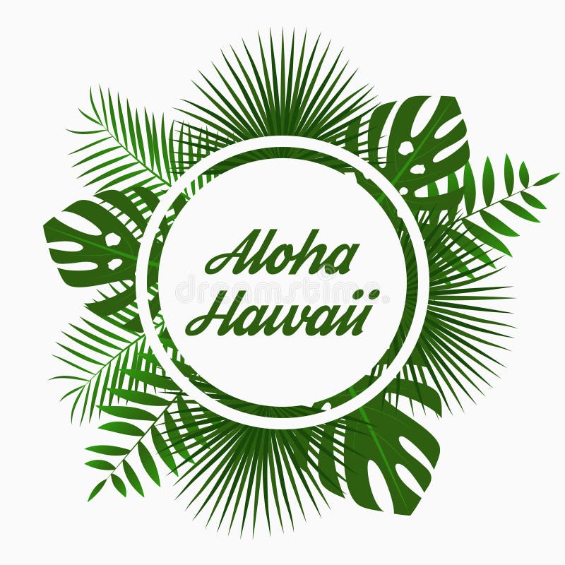 Diseño de tarjeta de Aloha Hawaii con - las hojas de palma tropicales, la hoja de la selva, las plantas exóticas y el marco redon
