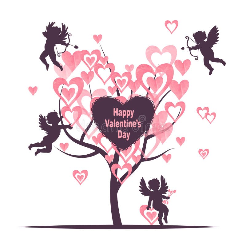 Diseño de tarjeta del día de tarjetas del día de San Valentín con el árbol de amor y los cupidos lindos libre illustration Diseño de tarjeta del día de tarjetas del día de San Valentín con el árbol de amor y los cupidos lindos libre illustration