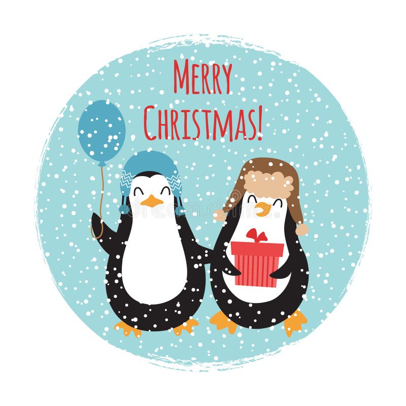 Diseño de tarjeta lindo del vintage de los pingüinos de la Feliz Navidad ilustración del vector Diseño de tarjeta lindo del vintage de los pingüinos de la Feliz Navidad ilustración del vector