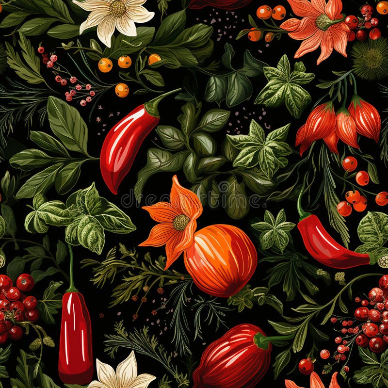 Diseño de tejidos o embalajes audaces con pimientos acuáticos y paprika libre illustration