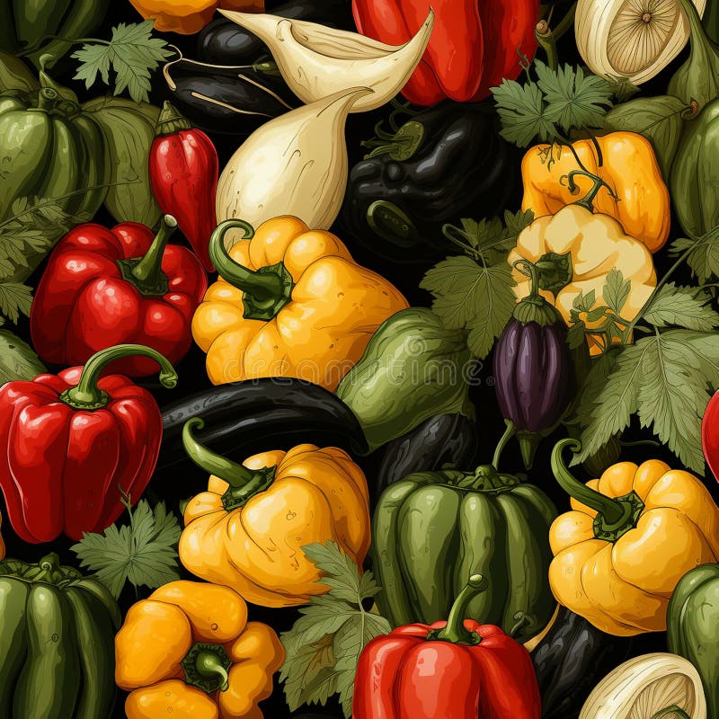 Diseño de tejidos o embalajes audaces con pimientos acuáticos y paprika stock de ilustración