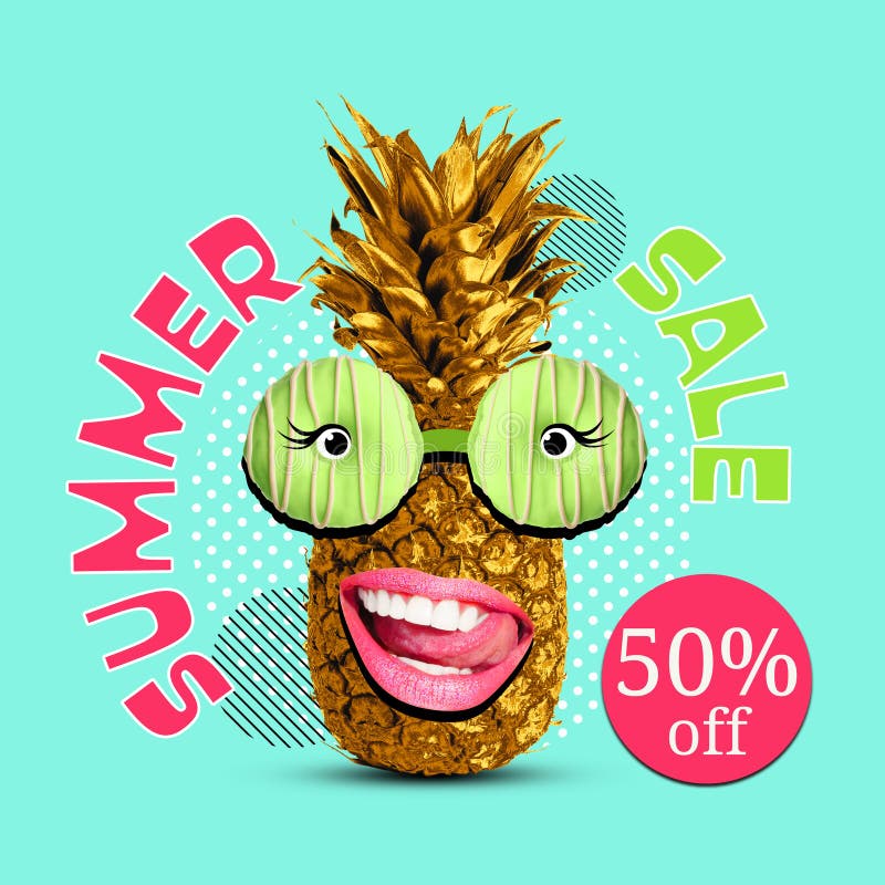 Diseño de volante de venta de verano caliente. piña dorada con gafas donut y texto sobre fondo turquesa ilustración del vector
