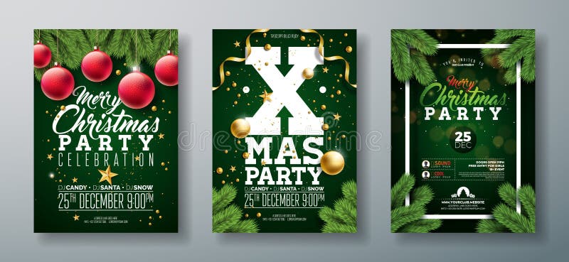 Diseño del aviador de la fiesta de Navidad del vector con los elementos y la bola ornamental, rama de la tipografía del día de fi ilustración del vector