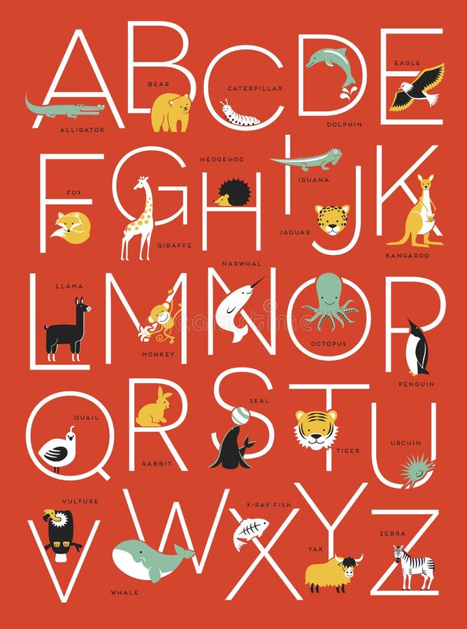 Diseño del cartel del alfabeto con los ejemplos animales