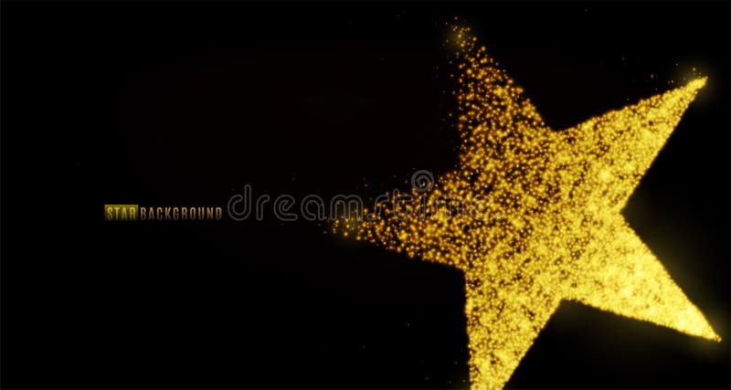 Star banner background design with glowing particles isolated on dark black backdrop. Copy space. Light golden star shape consist of shine, glitter, glow, spark effect. Vector illustration. Star banner background design with glowing particles isolated on dark black backdrop. Copy space. Light golden star shape consist of shine, glitter, glow, spark effect. Vector illustration