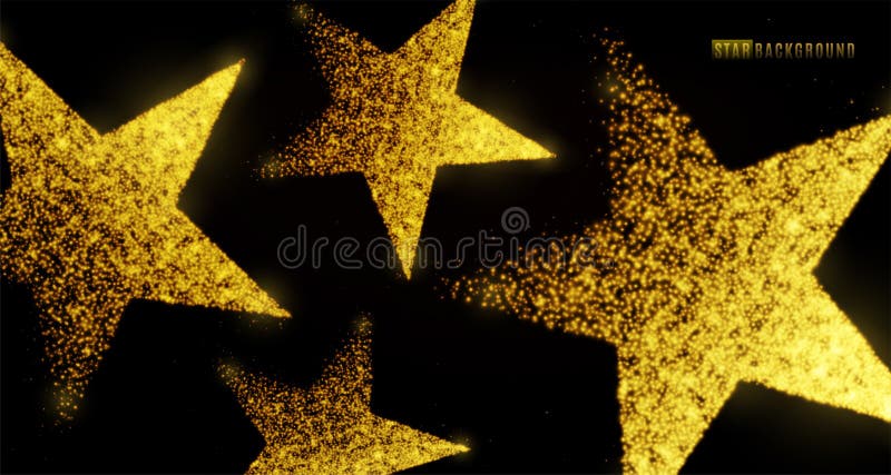 Star background design with glowing particles isolated on dark black backdrop. Light golden star shapes consist of shine, glitter, glow, spark effect. Vector illustration. Star background design with glowing particles isolated on dark black backdrop. Light golden star shapes consist of shine, glitter, glow, spark effect. Vector illustration