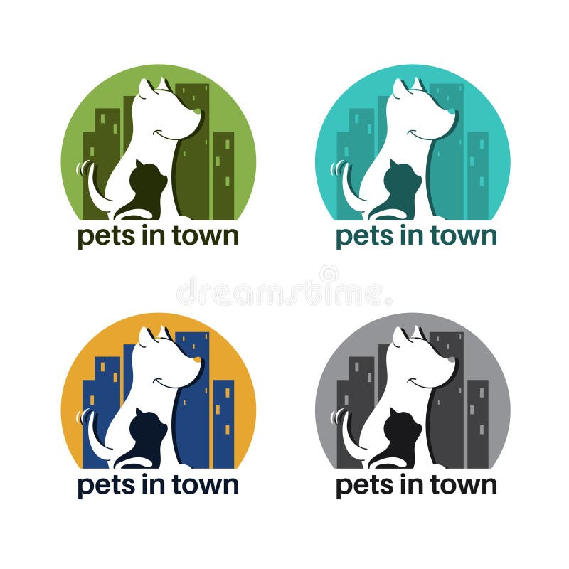 Diseño del logotipo de la plantilla con el perro y el gato en la ciudad para el tema del animal doméstico libre illustration Diseño del logotipo de la plantilla con el perro y el gato en la ciudad para el tema del animal doméstico libre illustration
