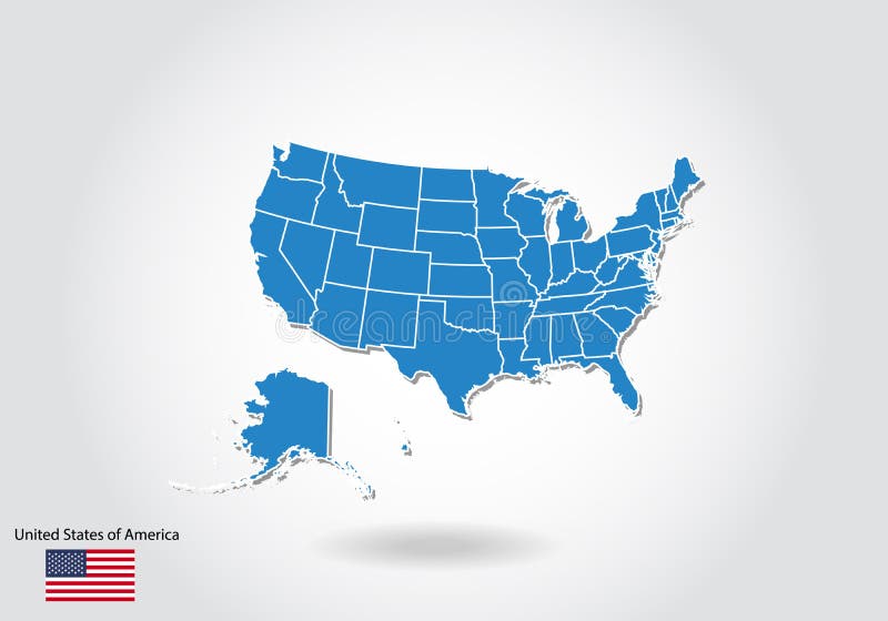 Diseño del mapa de Estados Unidos con el estilo 3D Los E.E.U.U. azules trazan y bandera nacional Mapa simple del vector con el co