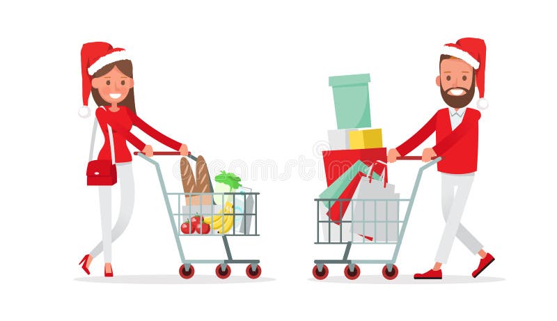 Diseño del vector de los caracteres de los hombres que hace compras y de las mujeres Compras de la Navidad, idea para su diseño ilustración del vector
