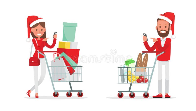 Diseño del vector de los caracteres de los hombres que hace compras y de las mujeres Compras de la Navidad, idea para su diseño n stock de ilustración