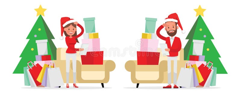 Diseño del vector de los caracteres de los hombres que hace compras y de las mujeres Compras de la Navidad, idea para su diseño n libre illustration