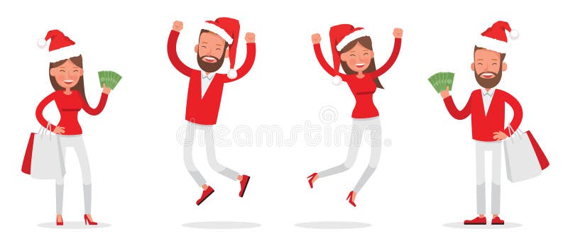 Diseño del vector de los caracteres de los hombres que hace compras y de las mujeres Compras de la Navidad, idea para su diseño N stock de ilustración