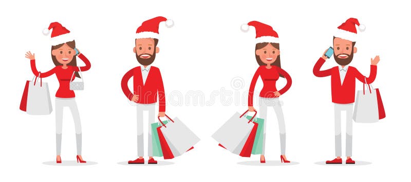 Diseño del vector de los caracteres de los hombres que hace compras y de las mujeres Compras de la Navidad, idea para su diseño N ilustración del vector