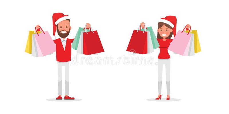 Diseño del vector de los caracteres de los hombres que hace compras y de las mujeres Compras de la Navidad, idea para su diseño n stock de ilustración