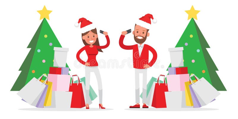 Diseño del vector de los caracteres de los hombres que hace compras y de las mujeres Compras de la Navidad, idea para su diseño n stock de ilustración