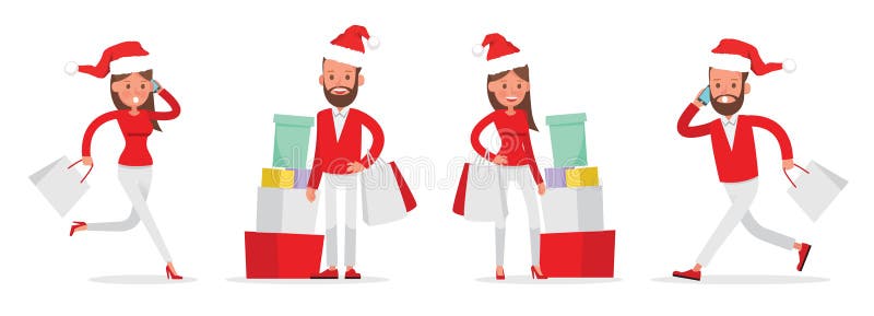 Diseño del vector de los caracteres de los hombres que hace compras y de las mujeres Compras de la Navidad, idea para su diseño n libre illustration