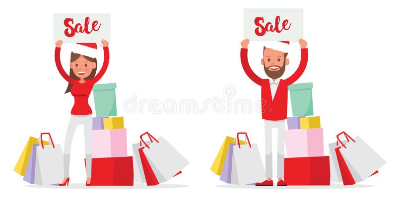 Diseño del vector de los caracteres de los hombres que hace compras y de las mujeres Compras de la Navidad, idea para su diseño N stock de ilustración