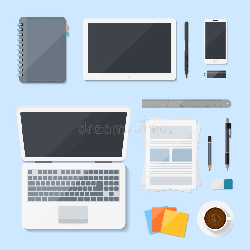 Diseño del vector del ordenador portátil del ordenador de la visión superior en el escritorio, lugar de trabajo con los dispositi libre illustration Diseño del vector del ordenador portátil del ordenador de la visión superior en el escritorio, lugar de trabajo con los dispositi libre illustration