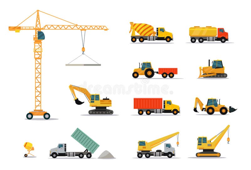 Diseño determinado de la maquinaria de construcción plano ilustración del vector Diseño determinado de la maquinaria de construcción plano ilustración del vector
