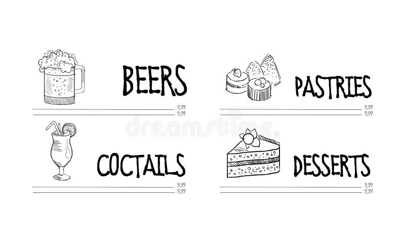 Diseño exhausto del vector de la mano de menú del café o del restaurante con la taza de cerveza, de vidrio del cóctel, de pastele stock de ilustración Diseño exhausto del vector de la mano de menú del café o del restaurante con la taza de cerveza, de vidrio del cóctel, de pastele stock de ilustración