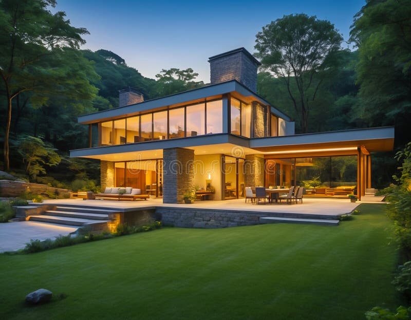 Diseño exterior de una casa moderna con una gran pared de cristal en medio de un bosque verde y tranquilo foto de archivo libre de regalías