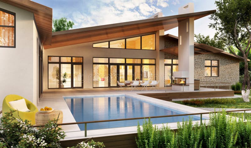 Diseño exterior e interior de una casa moderna con una piscina