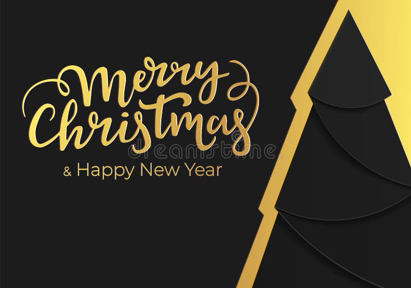 Diseño festivo de lujo de la tarjeta de Navidad en estilo noir de moda con negro y colores oro modernos Postal del Año Nuevo con ilustración del vector