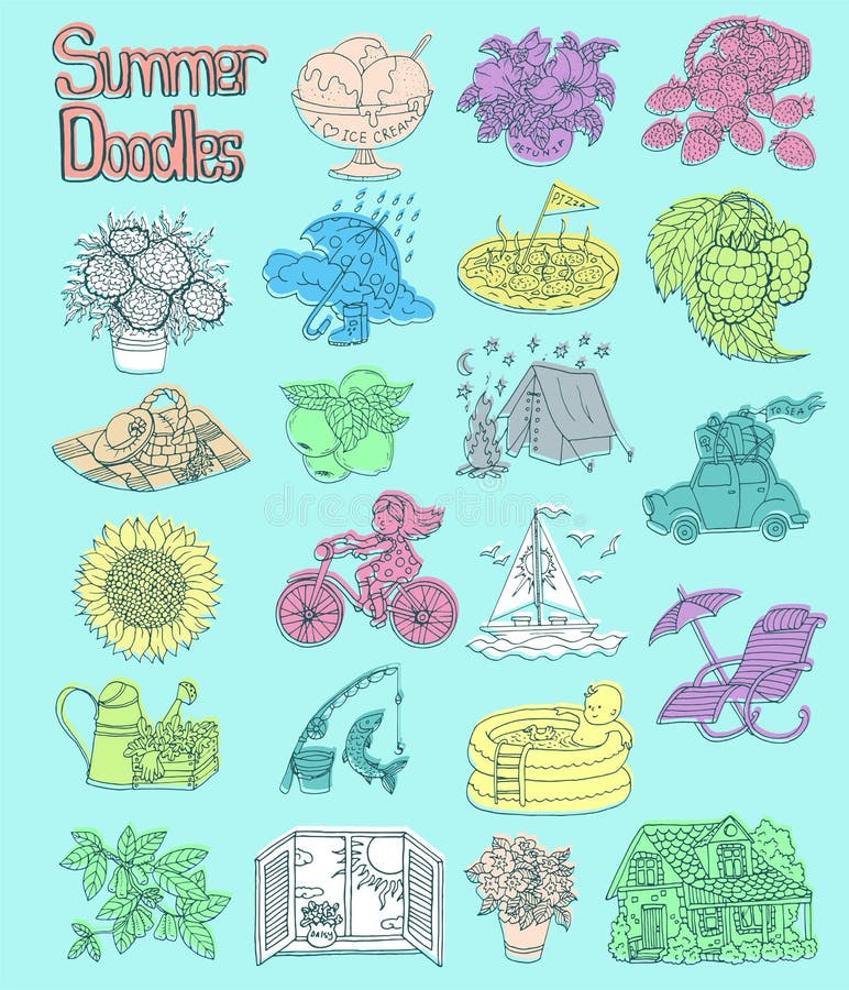 Dise?o fijado con los dibujos coloridos del icono del verano con cultivar un huerto, acampando, concepto de las vacaciones de la ilustración del vector Dise?o fijado con los dibujos coloridos del icono del verano con cultivar un huerto, acampando, concepto de las vacaciones de la ilustración del vector