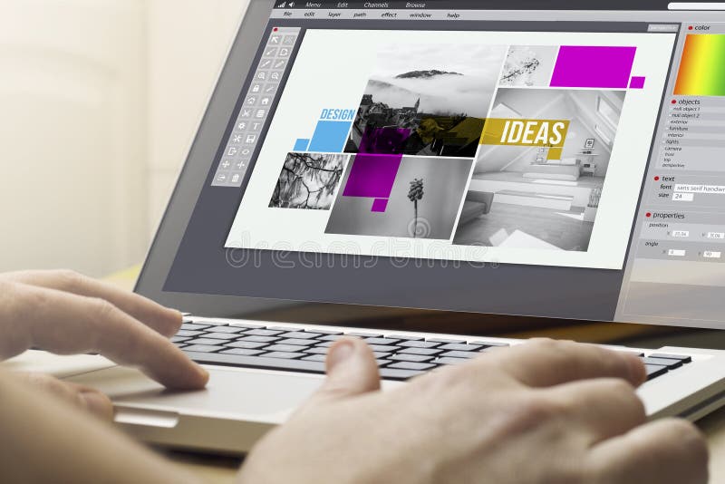 online business concept: man using a laptop with graphic design software on the screen. Screen graphics are made up. online business concept: man using a laptop with graphic design software on the screen. Screen graphics are made up.