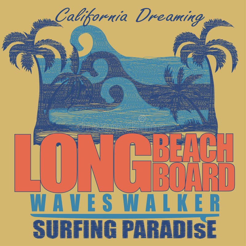 Diseño gráfico de la camiseta de Long Beach que practica surf stock de ilustración Diseño gráfico de la camiseta de Long Beach que practica surf stock de ilustración