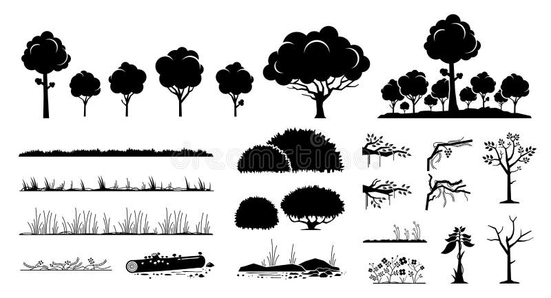 Diseño gráfico de árboles, plantas y vectores de césped