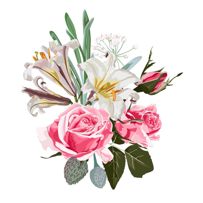Diseño gráfico floral de la tarjeta o del cartel de la primavera con las rosas rosadas, los lirios blancos, el eucalipto y los su ilustración del vector Diseño gráfico floral de la tarjeta o del cartel de la primavera con las rosas rosadas, los lirios blancos, el eucalipto y los su ilustración del vector