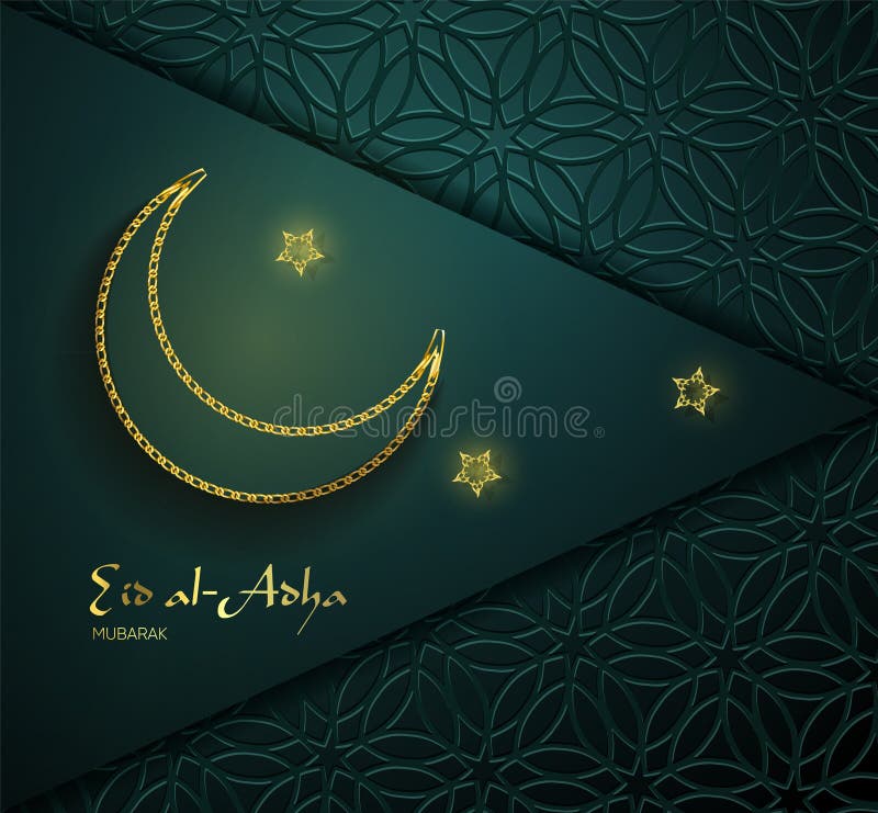 Diseño hermoso del texto de Eid Al Adha Mubarak en fondo oscuro Estrellas y fondo adornado luna del ornamento stock de ilustración Diseño hermoso del texto de Eid Al Adha Mubarak en fondo oscuro Estrellas y fondo adornado luna del ornamento stock de ilustración