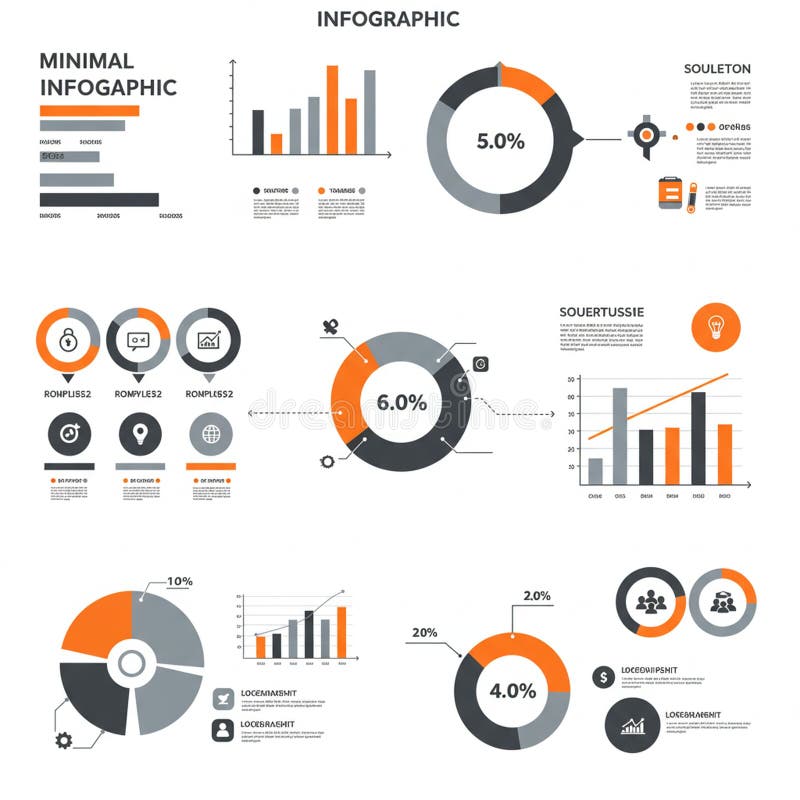 Diseño infográfico mínimo con varios elementos de visualización de datos, incluyendo stock de ilustración