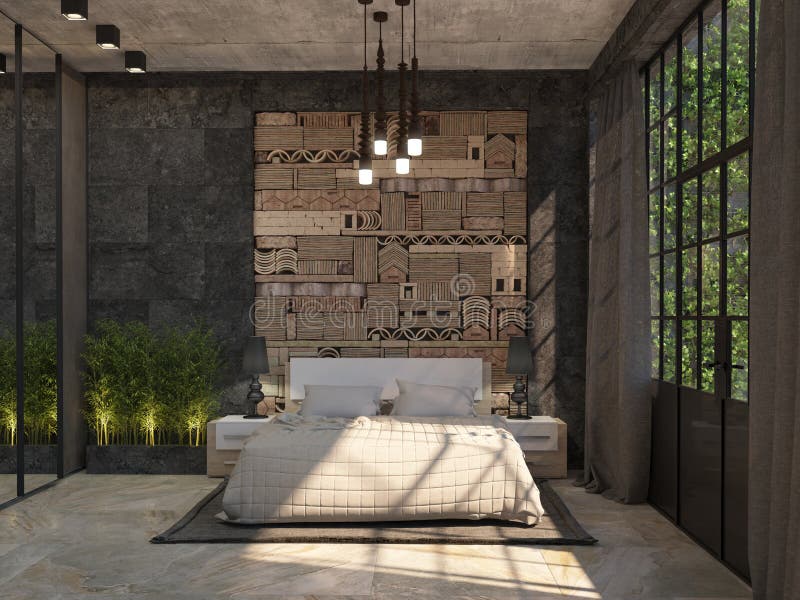 Diseño interior de la habitación con una cama matrimonial, las mesitas de noche, el armario del espejo, y una decoración en la pa libre illustration Diseño interior de la habitación con una cama matrimonial, las mesitas de noche, el armario del espejo, y una decoración en la pa libre illustration