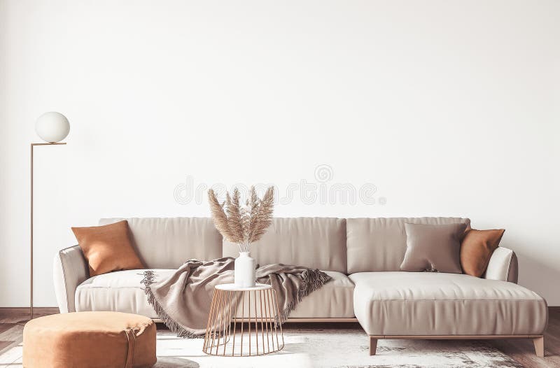Diseño interior de la moderna sala de estar de apartamentos escandinavos en colores neutros