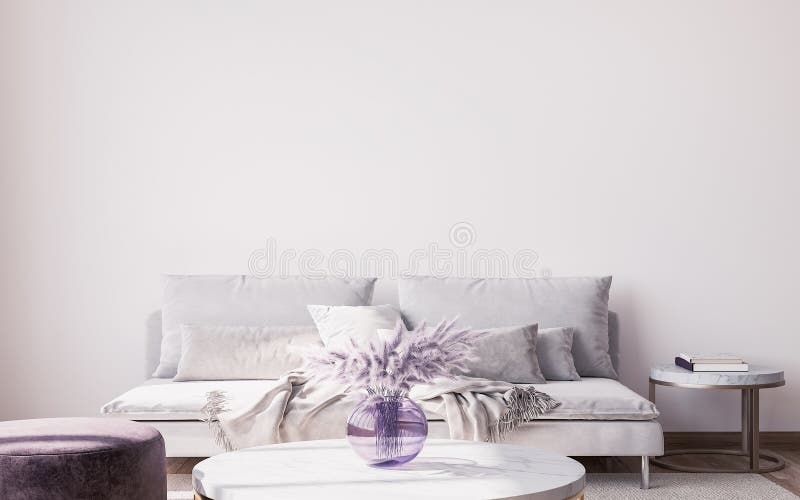 Diseño interior de lujosa sala de estar con un elegante sofá jarrón púrpura y accesorios elegantes