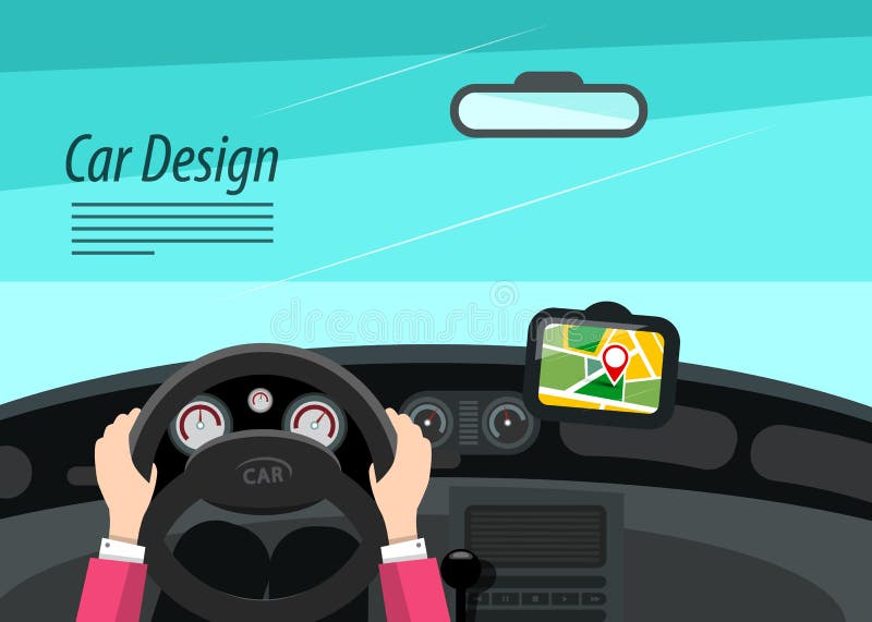 Car Interior Design with Hands on Steering Wheel and GPS Navigation - Vector. Car Interior Design with Hands on Steering Wheel and GPS Navigation - Vector
