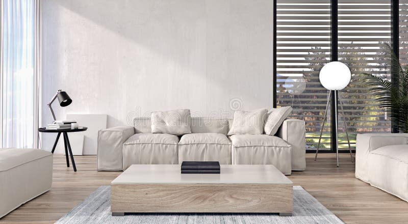 Diseño interior moderno de sala de estar con muebles italianos del estilo y puertas deslizantes y ventanas grandes, jardín y árbo stock de ilustración Diseño interior moderno de sala de estar con muebles italianos del estilo y puertas deslizantes y ventanas grandes, jardín y árbo stock de ilustración
