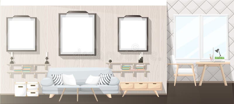 Diseño interior Sala de estar moderna con el sofá gris, el florero, el estante con los libros y el nightstand Interior del aparta stock de ilustración Diseño interior Sala de estar moderna con el sofá gris, el florero, el estante con los libros y el nightstand Interior del aparta stock de ilustración