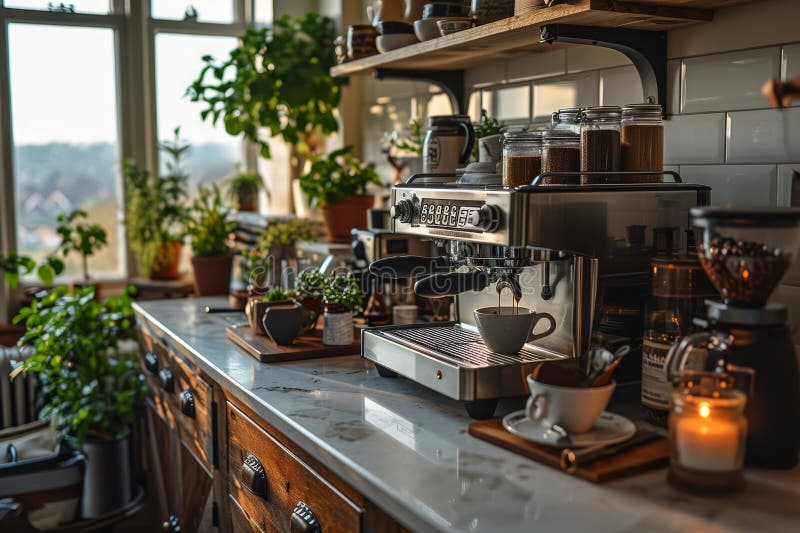 Diseño minimalista moderno y elegante en el acondicionamiento de café con cafetera espresso depurada, un sencillo molino y algunos stock de ilustración