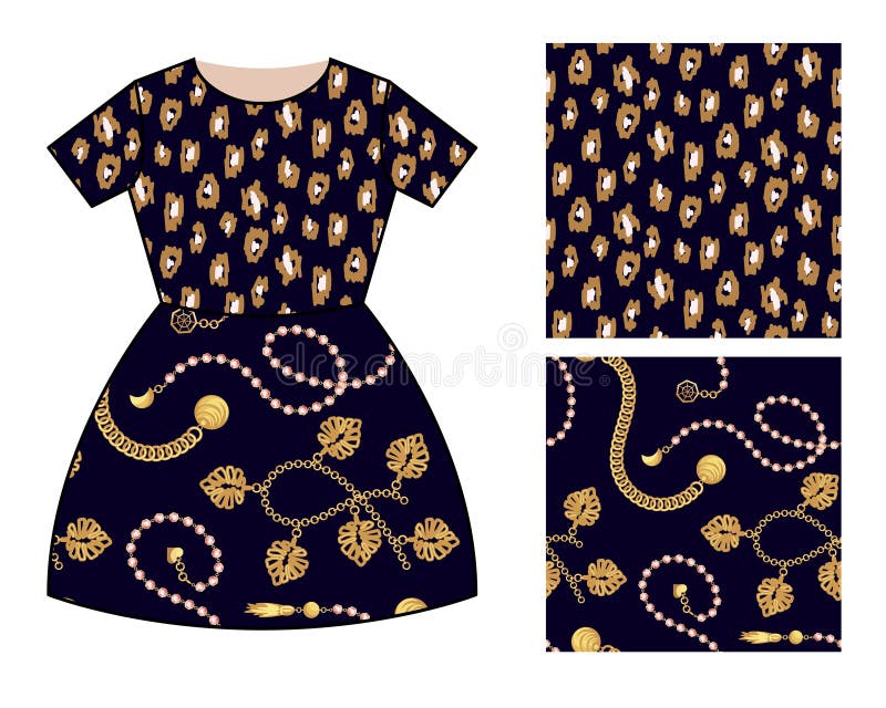 Diseño moderno del modelo de la falda del vestido para las muchachas La ropa moderna de las manchas del leopardo de las cadenas d ilustración del vector Diseño moderno del modelo de la falda del vestido para las muchachas La ropa moderna de las manchas del leopardo de las cadenas d ilustración del vector