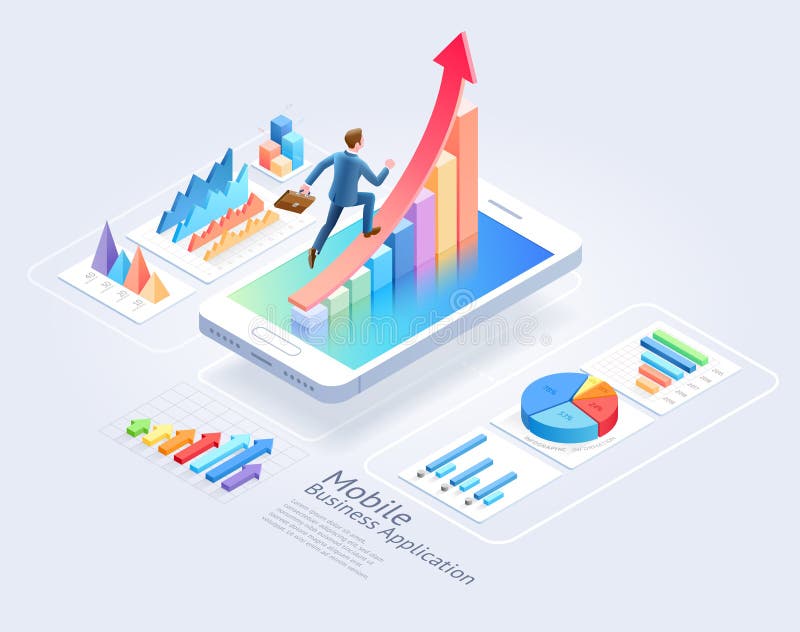 Diseño móvil de la página web UI de las aplicaciones empresariales Funcionamiento del hombre de negocios en flecha roja y element libre illustration Diseño móvil de la página web UI de las aplicaciones empresariales Funcionamiento del hombre de negocios en flecha roja y element libre illustration